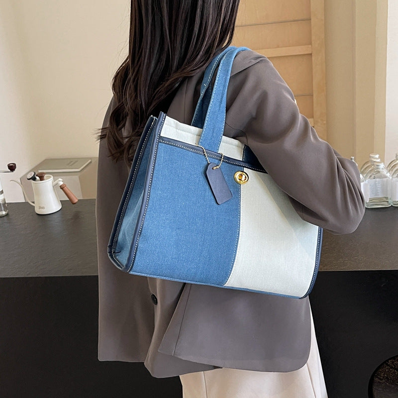 Denim Patchwork Shoulder Tote Bag