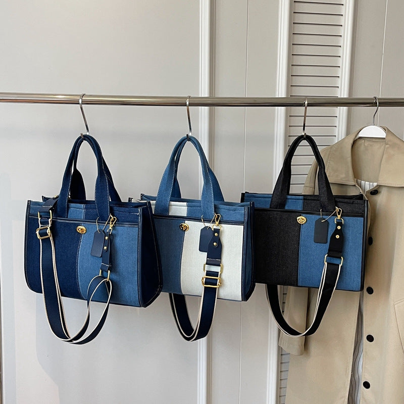 Denim Patchwork Shoulder Tote Bag