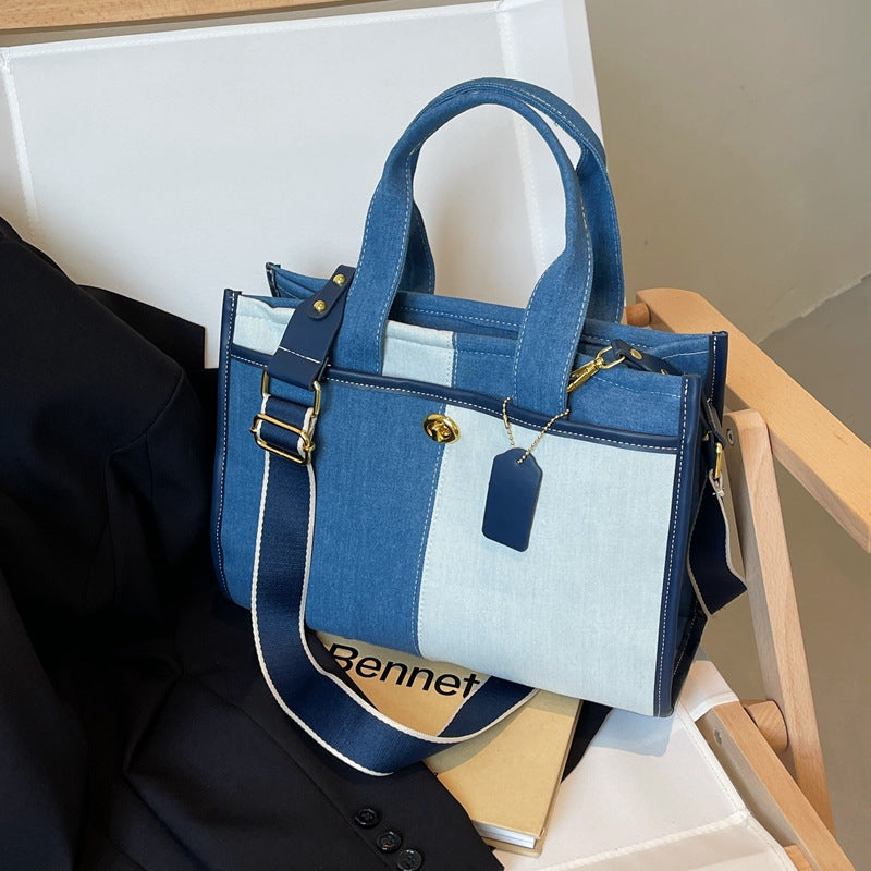 Denim Patchwork Shoulder Tote Bag